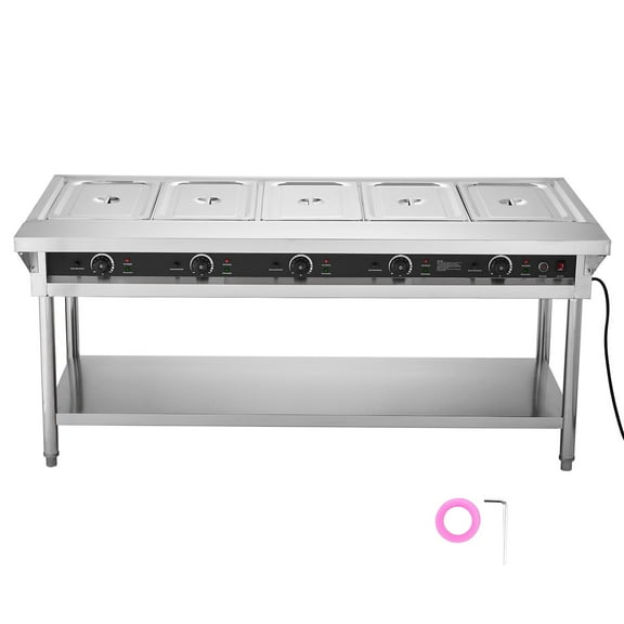 KFFKFF 5-Unit Professional Food Heater, Electric Warming Station with Separate Heat Regulation, 750W x 5 Stainless Steel Dining Service Heat Keeper with Lower Shelf and Work Area