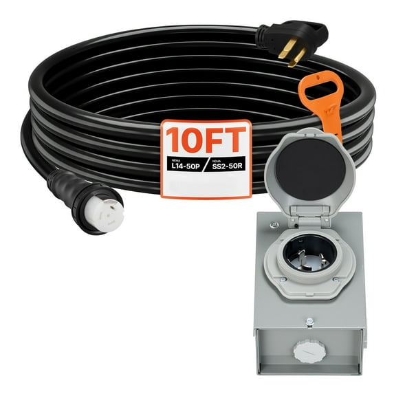 KFFKFF 50 Amp Generator Cord and Power Inlet Box, 10FT, 125V/250V STW 6/3 + 8/1 AWG Extension Cable, NEMA 14-50P to SS2-50R, Twist Lock Plug, Inlet Box Set, for Connecting Generator to Home