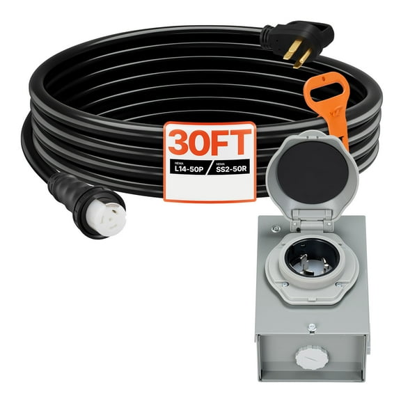 KFFKFF 50 Amp Generator Cord and Power Inlet Box, 30FT, 125V/250V STW 6/3 + 8/1 AWG Extension Cable, NEMA 14-50P to SS2-50R, Twist Lock Plug, Inlet Box Set, for Connecting Generator to Home