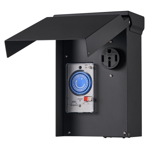 KFFKFF 50 Amp RV Power Outlet Box with Timer, NEMA 14-50R Receptacle 250V, Suitable for RVs, EVs, Campers, and Trailers, Simple Installation, Lockable Outdoor Electrical Panel