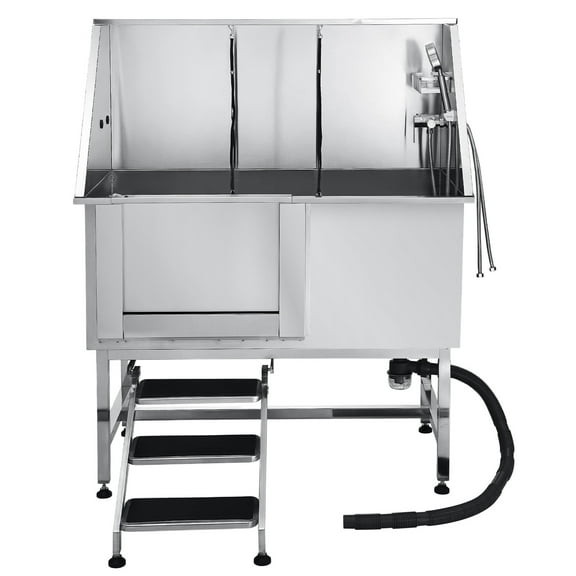 KFFKFF 50-Inch Stainless Steel Pet Grooming Tub with Stairs, Water Filter Board, Faucet, Showerhead, and Soap Holder for Small to Large Pets (Left Door)