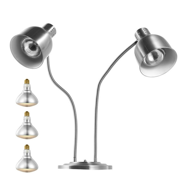 KFFKFF 500W Dual-Head Stainless Steel Food Warming Lamp with 3 Bulbs, Electric Heat Lamp for Kitchen, Buffet, and Restaurant Use