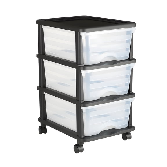 KFFKFF 50L 3 Storage Drawer Cart, Clear Plastic Storage Drawers with Wheels Sturdy Cart with 3 Bins for Office Supplies, Craft Rooms