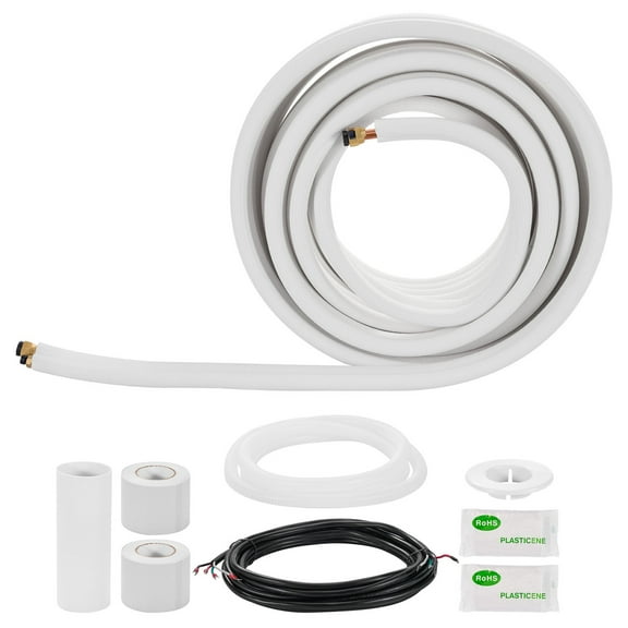 KFFKFF 50ft Mini Split Line Set, 3/8 & 5/8 OD Copper Tubing with Thick White PE Insulation, Flared Nuts, and Comprehensive Fittings for Mini Split AC or Heat Pump Systems