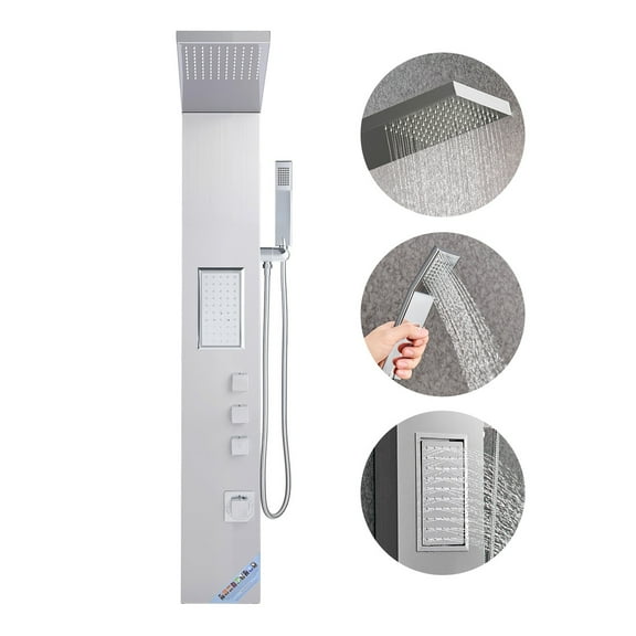 KFFKFF 53-Inch Brushed Stainless Steel Shower Panel System with Rainfall Shower Head, Wall-Mounted High-Pressure Massage System, 3-Function Faucet, Body Jets, and Handheld Shower