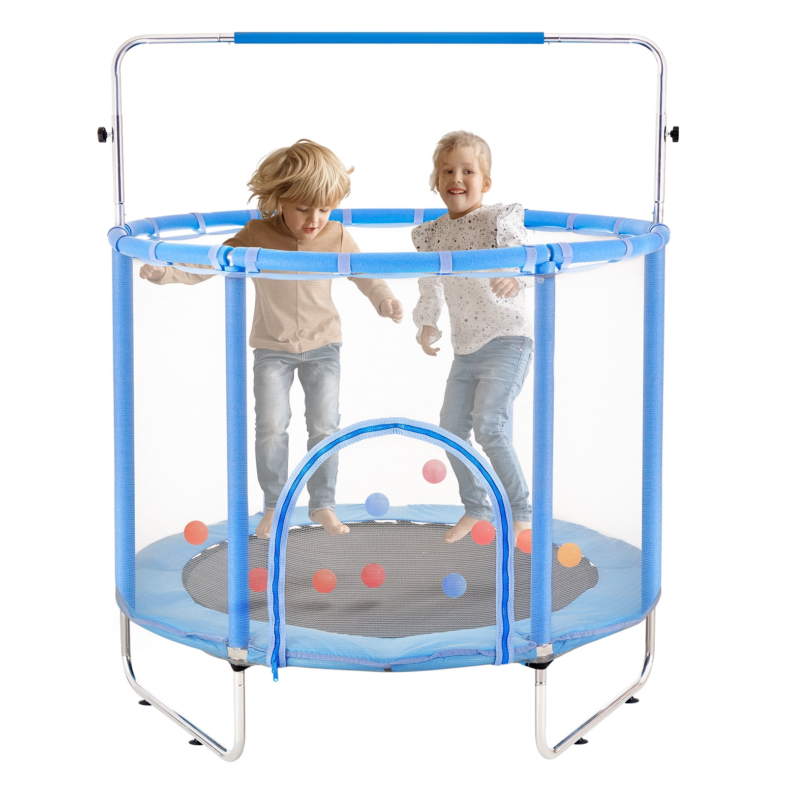 KFFKFF 55" Child's Trampoline, 4.6FT for Indoor and Outdoor Use, Petite Trampoline for Toddlers with Protective Mesh and Basketball Ring, Ideal Birthday and Christmas Presents for Kids Aged 3