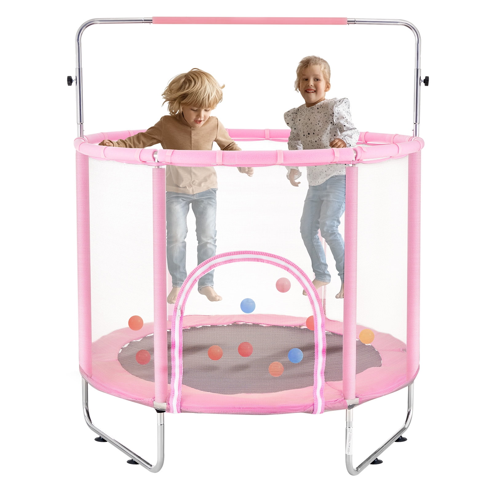 KFFKFF 55" Children's Trampoline, 4.6FT for Indoor and Outdoor Use, Petite Trampoline for Toddlers with Protective Netting and Basketball Hoop, Ideal Birthday and Christmas Presents for Kids Aged 3