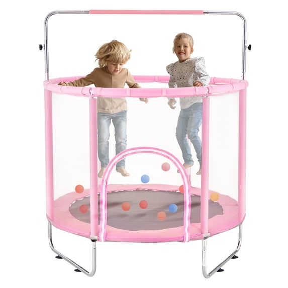 KFFKFF 55" Children's Trampoline, 4.6FT for Indoor and Outdoor Use, Petite Trampoline for Toddlers with Protective Netting and Basketball Hoop, Ideal Birthday and Christmas Presents for Kids Aged 3
