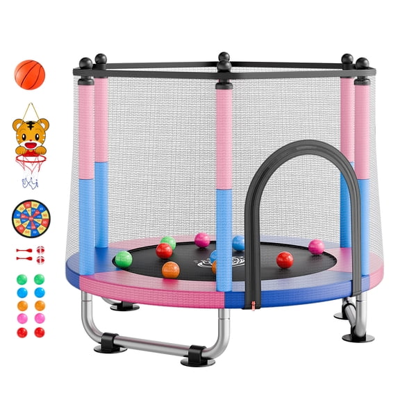 KFFKFF 55" Kids Trampoline with Safety Net, 4.6 FT Mini Trampoline for Toddlers, 132 lbs Capacity for Indoor and Outdoor Use,Includes Swing and Basketball Hoop,Ideal for Children's Gifts and Playtime