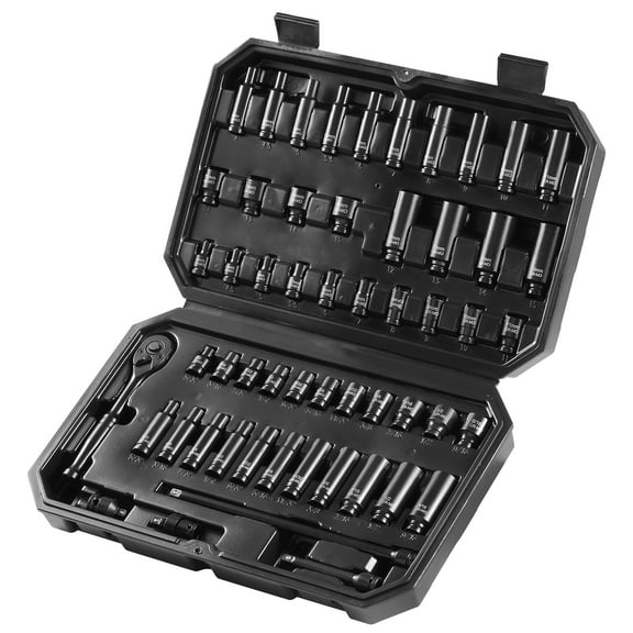 KFFKFF 55-Piece Impact Socket Set 1/4" - Deep & Shallow SAE 5/32"-9/16" and Metric 4-15mm - 6-Point CR-V Steel for Vehicle Maintenance - Clear Size Markings - Includes Storage Case
