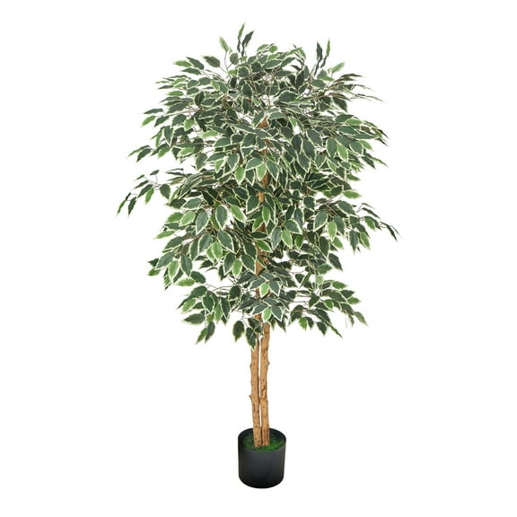 KFFKFF 5FT Artificial Ficus Tree with Black Pot, Tall Faux Plant Featuring Natural Wood Trunk and Lifelike Green Leaves, Ideal for Indoor Decoration in Homes, Offices, Living Rooms, or Corners