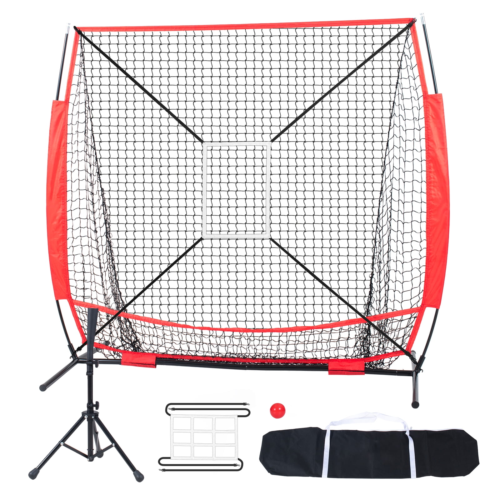 KFFKFF 5x5 ft Practice Net for Baseball and Softball, Mobile Training Equipment for Batting, Catching, and Pitching, Baseball Gear with Bow Frame, Transport Bag, Strike Zone, Ball, and Batting Stand