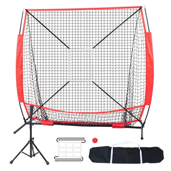 KFFKFF 5x5 ft Practice Net for Baseball and Softball, Mobile Training Equipment for Batting, Catching, and Pitching, Baseball Gear with Bow Frame, Transport Bag, Strike Zone, Ball, and Batting Stand