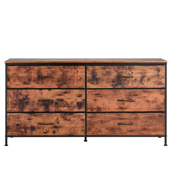 KFFKFF 6-Drawer Chest, High Dresser Organizer, Television Console with Space, Wardrobe Storage Units featuring Robust Metal Structure, Cloth Storage Stack for Bedroom, Wardrobe, Vintage Brown