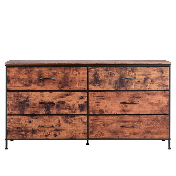 KFFKFF 6-Drawer Chest, High Dresser Organizer, Television Console with Space, Wardrobe Storage Units featuring Robust Metal Structure, Cloth Storage Stack for Bedroom, Wardrobe, Vintage Brown