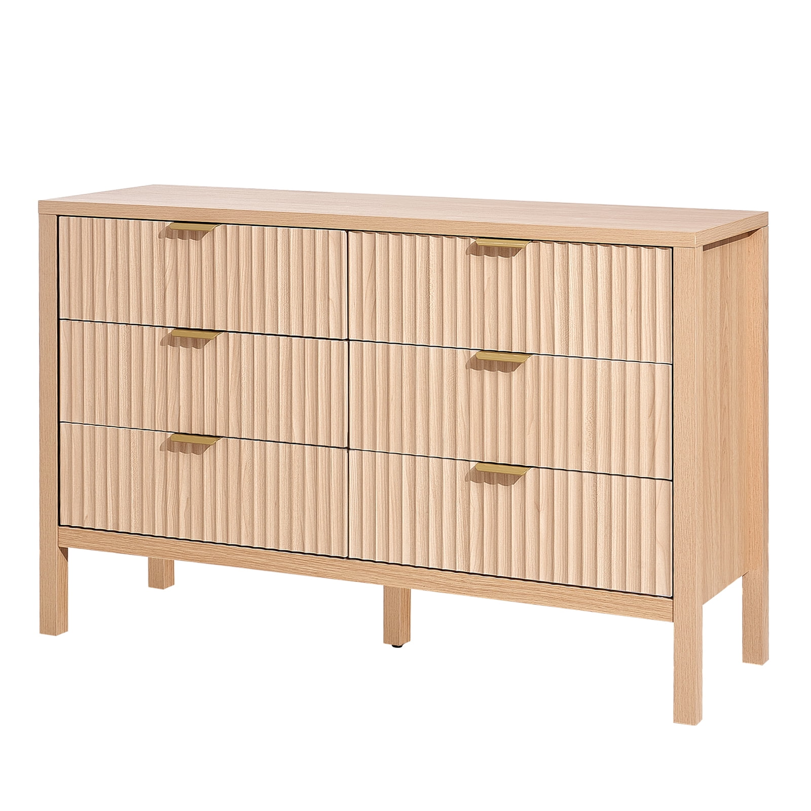 KFFKFF 6-Drawer Dresser with Sliding Mechanism and Anti-Tip Design, Minimalist Chest for Storage in Living Room, Bedroom, Hallway, or Entryway, Light Wood Finish