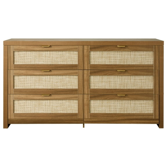 KFFKFF 6 Drawer Rattan Dresser with Metal Handles, Wooden Double Dresser for Bedroom, Clothing Organizer and Storage Unit for Living Room, Hallway, or Bedroom, Walnut Finish