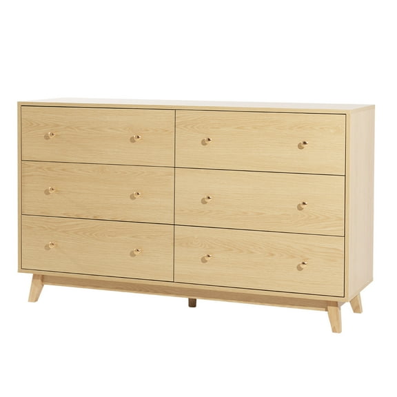 KFFKFF 6 Drawer Wooden Dresser, Chest of Drawers with Sliding Mechanism and Anti-Tip Safety, Modern Minimalist Storage Organizer for Bedroom, Living Room, Hallway, or Entryway, Light Wood Finish