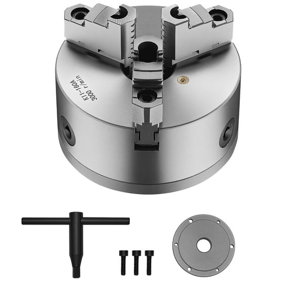 KFFKFF 6in 3-Jaw Self-Centering Lathe Chuck with Threaded Backing Plate, 0.12-5.71 in Clamping Range, Includes T-Wrench and Screws, HT300 Material, Suitable for Wood and Metal Lathes