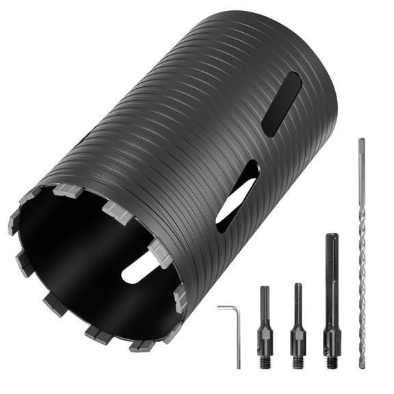 KFFKFF 6-Inch Diamond Core Drill Bit with 9.5-Inch Depth, 5/8-11 Thread, Includes 3 Adapters, Pilot Drill, and Hex Wrench, Suitable for Concrete, Brick, and Masonry Applications