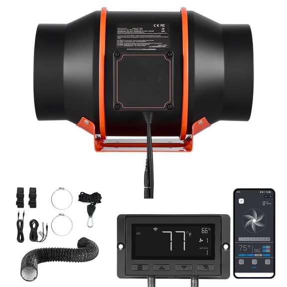 KFFKFF 6-Inch Inline Ventilation Fan Kit with Carbon Filter, 402 CFM Airflow, EC Motor, 10-Speed Adjustment, PWM Controller, App Integration, Timer Function, Ideal for Grow Tents, Indoor Gardening