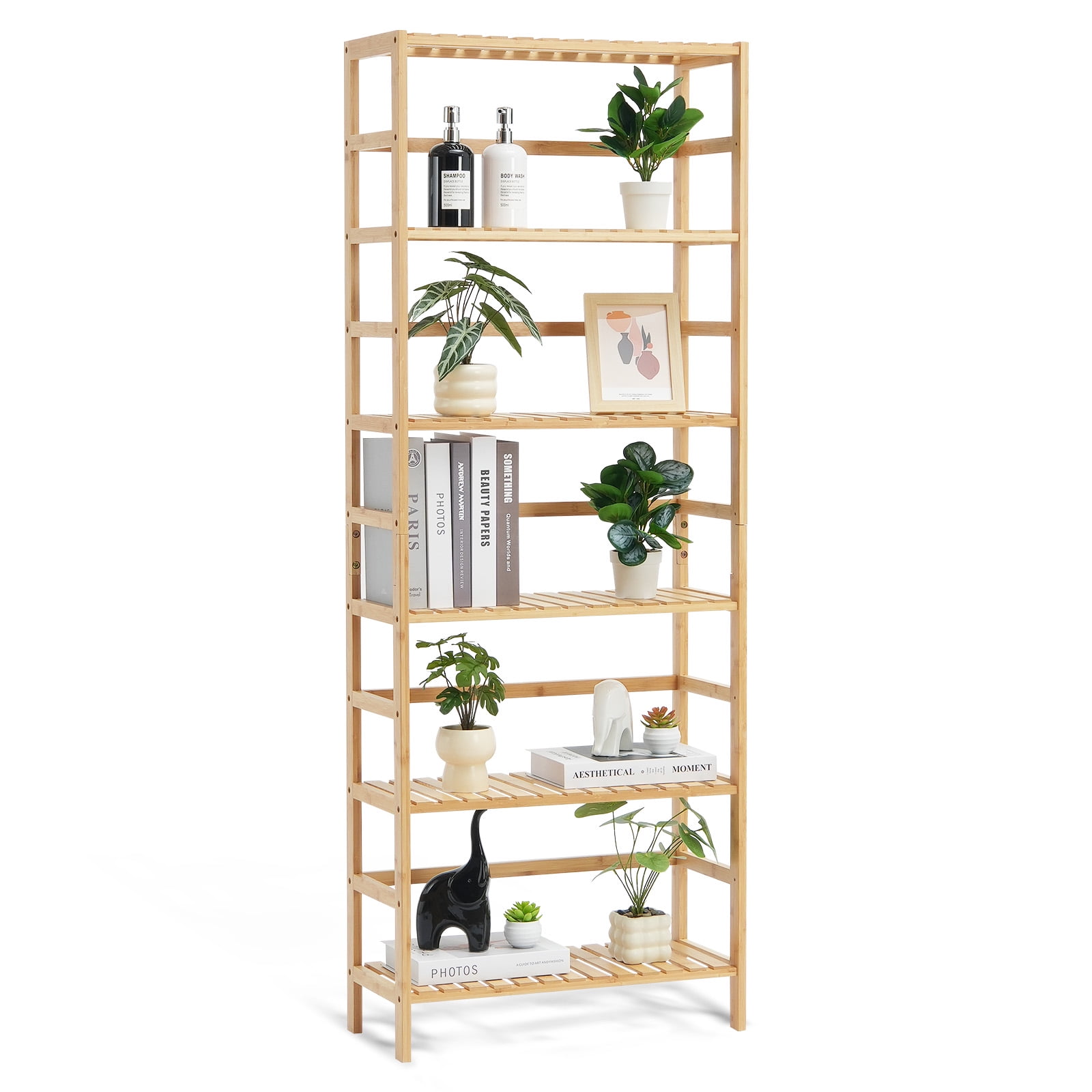 KFFKFF 6-Level Bamboo Rack, Uncovered Wooden Bookcase, Showcase Organizer, Independent Floral Plant Holder, Versatile Bamboo Shelving Perfect for Restroom, Sleeping Quarters, Workspace