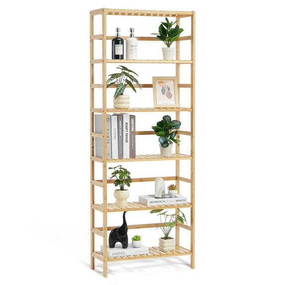 KFFKFF 6-Level Bamboo Rack, Uncovered Wooden Bookcase, Showcase Organizer, Independent Floral Plant Holder, Versatile Bamboo Shelving Perfect for Restroom, Sleeping Quarters, Workspace