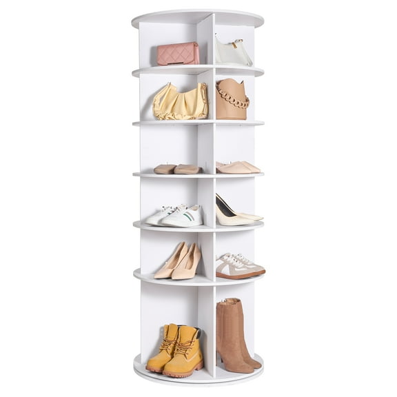 KFFKFF 6-Level Circular Shoe Rack, 360 Rotational Footwear Display, Round Shoe Storage Carousel, Convenient Shoe Organization System, Perfect for Bedroom, Lounge, Hallway, White