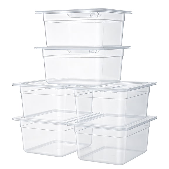 KFFKFF 6-Pack Polycarbonate Food Pans, 1/2 Size, 6" Deep, with Lids, Transparent, Ideal for Restaurants, Buffets, and Salad Bars, Commercial Food Storage Containers, Dishwasher Safe, Stackable