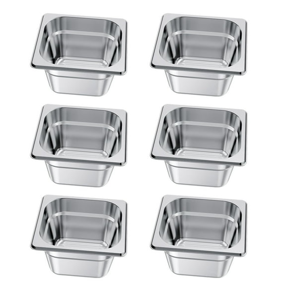 KFFKFF 6-Pack Stainless Steel Steam Table Pans, 1/6 Size, 4-Inch Depth, Durable Catering Storage for Home, Events, Restaurants, Hotels, and Buffets