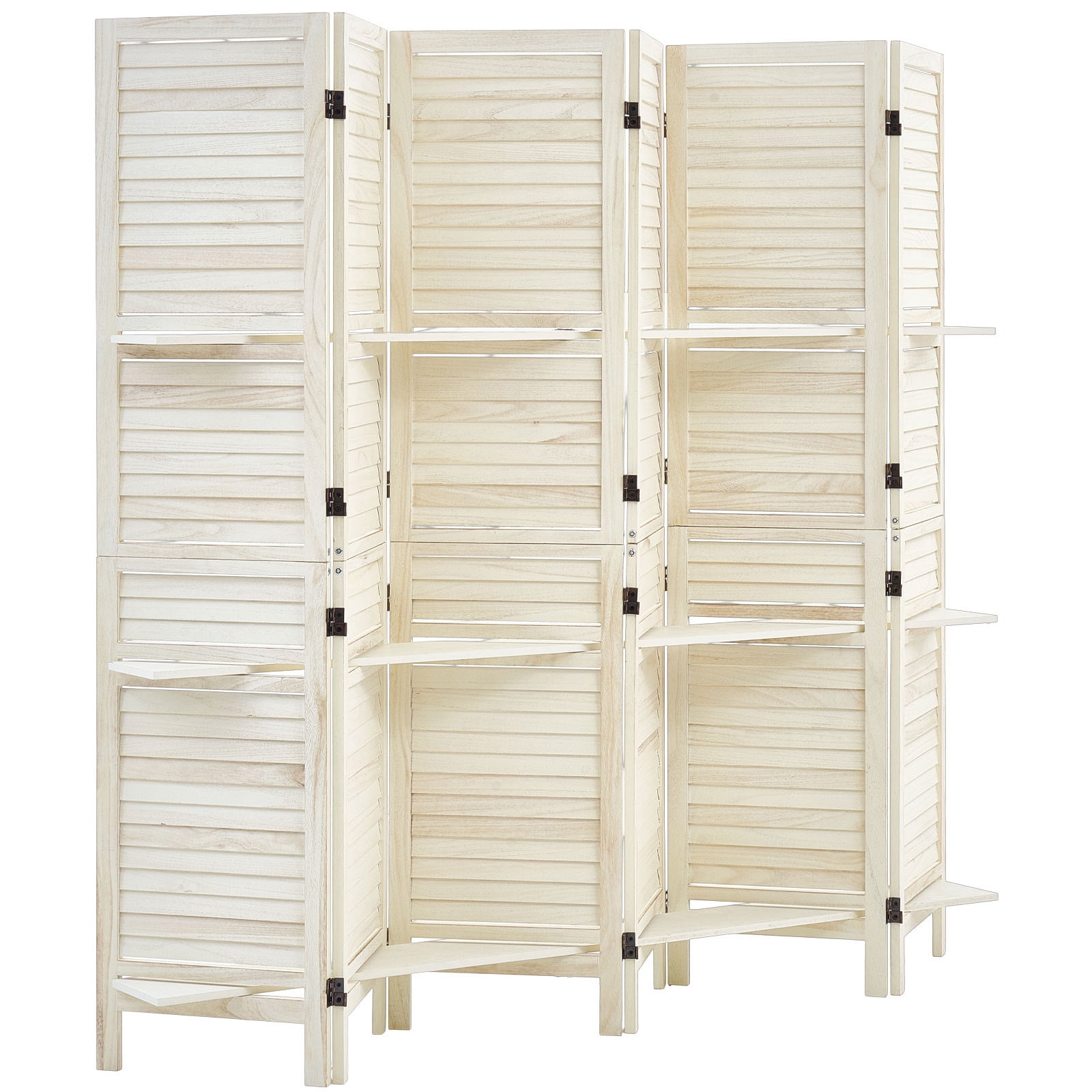 KFFKFF 6-Panel Wooden Room Divider with Shelves, Folding Privacy Screen for Home Decoration and Space Separation, 67.1 Inches Tall, Durable Frame,Two-Way Hinges,Louvered Design with Included Hardware