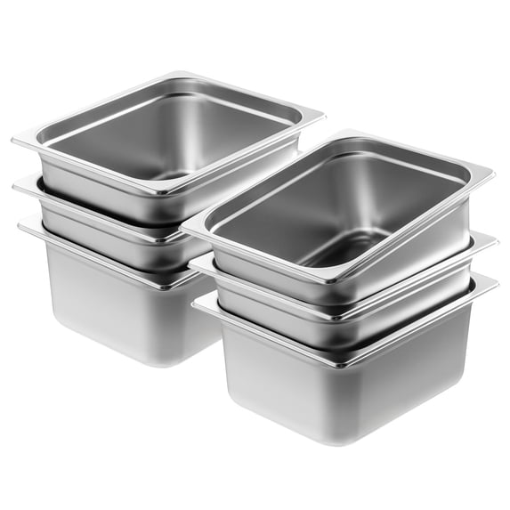 KFFKFF 6 Set Hotel Containers, Half Size Non-Stick Steam Tray, 0.8mm Durable Stainless Steel Buffet Pan, 6-Inch Depth Professional Serving Pan, Food Holding Pan for Catering and Science