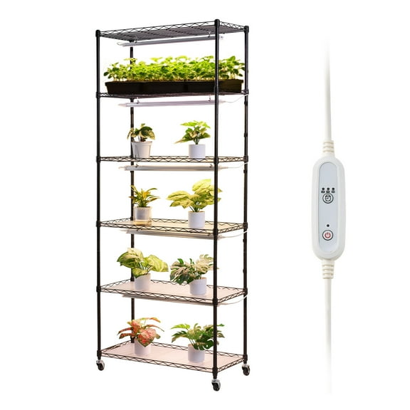 KFFKFF 6-Tier Indoor Plant Stand with Grow Light, 71in Tall Display Rack with Wheels & Adjustable Timer, 150W Full Spectrum Lighting for Seed Starting and Flower Pots