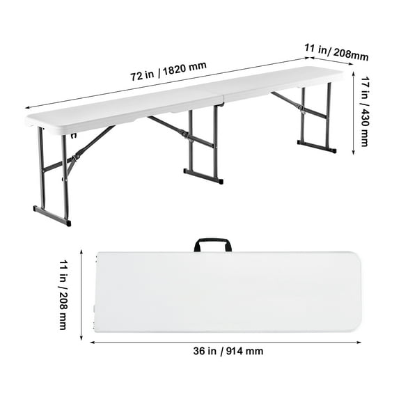 KFFKFF 6 ft Plastic Folding Bench, Portable Bench for Indoor and Outdoor Use, Ideal for Picnics, Parties, Camping, and Dining, Foldable HDPE Seat for Versatile Activities, 1 Pack, White