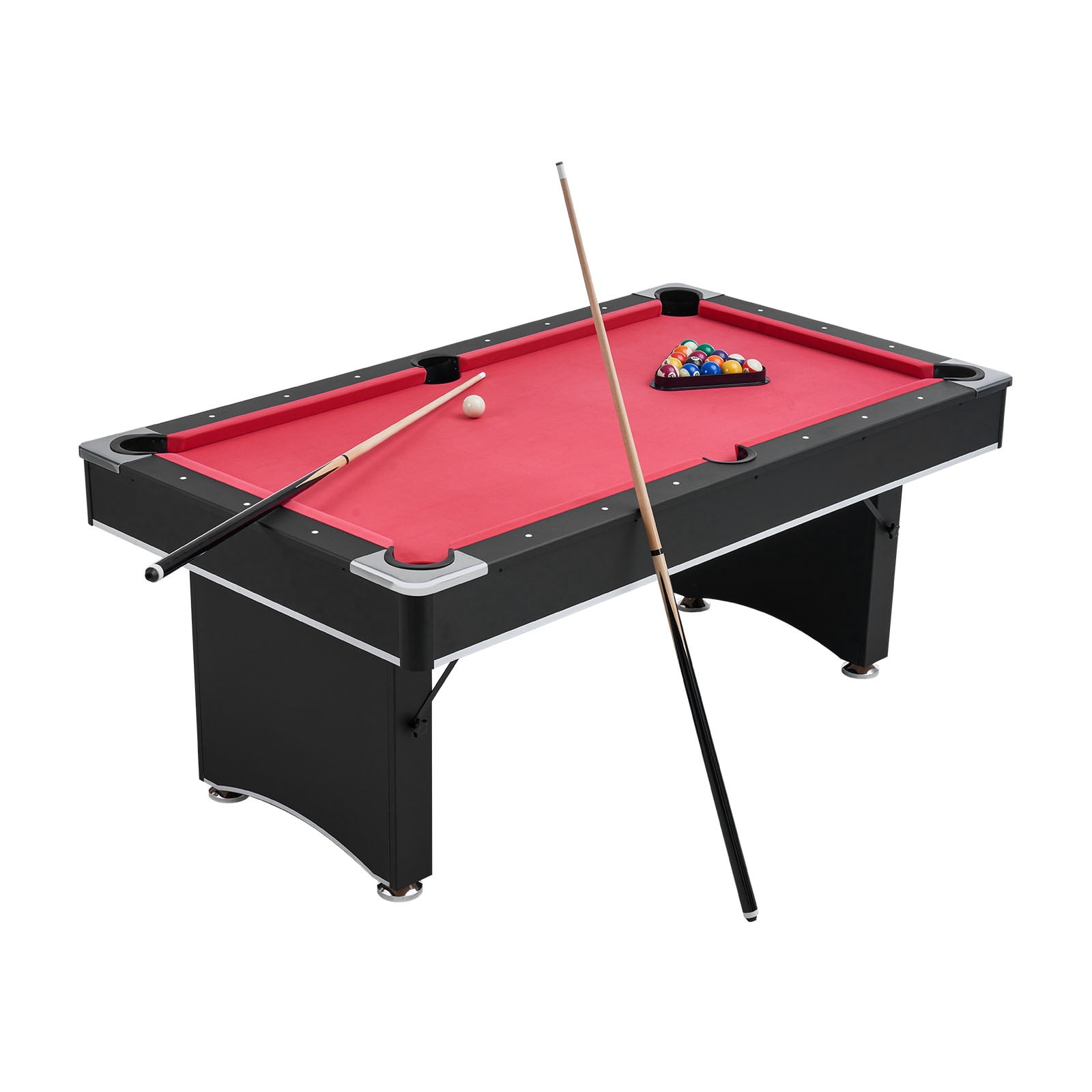 KFFKFF 6 ft Portable Pool Table, Adjustable Feet for Stability, Game Set with Balls, Cues, Rack, Chalk, and Brush, Black Frame with Red Felt, Ideal for Home and Recreation Rooms