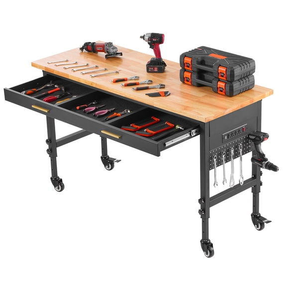 KFFKFF 60" Mobile Workstation, Oak Wood, 1500 lbs Capacity, Includes Drawer, Electrical Outlets, Casters, and Pegboard for Organized Workspace in Garage, Workshop, or Home Office