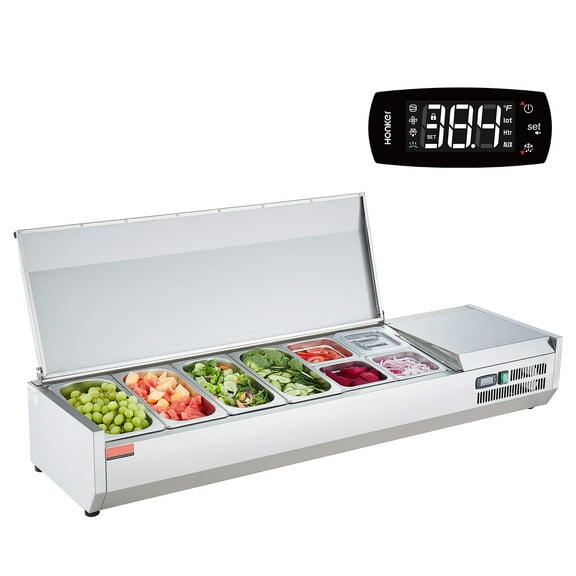 KFFKFF 60'' Refrigerated Condiment Prep Station Sandwich Prep Table, Salad Bar Prep Table w/Auto Defrost Temp Control Stainless Steel Cover