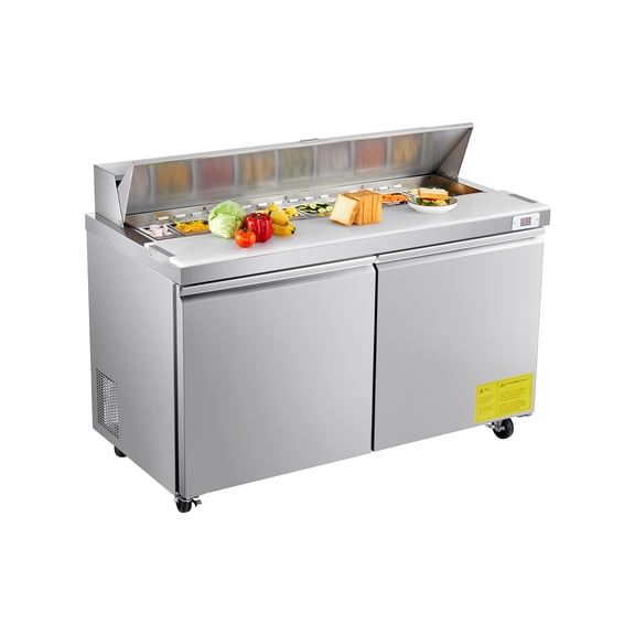 KFFKFF 60"W Commercial Refrigerated Table, 15.4 Cu. Ft Sandwich Prep Unit with 16 Food Pans and Cutting Board, Stainless Steel Salad Prep Cooler for Restaurants and Food Trucks