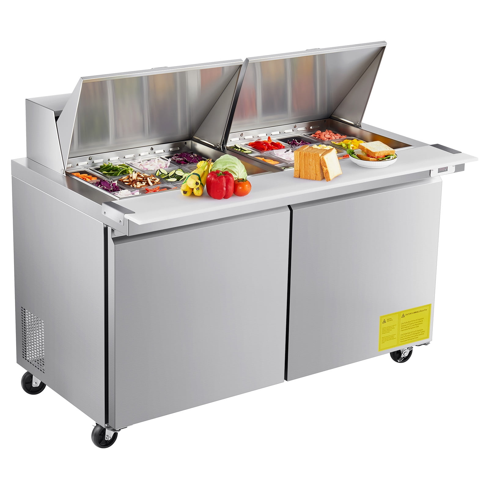 KFFKFF 60"W Commercial Refrigerator, 15.4 Cu. Ft Sandwich Prep Table, Mega Top Food Prep Fridge with 24 Pans and Cutting Board, Stainless Steel Salad Prep Cooler for Restaurants and Food Trucks