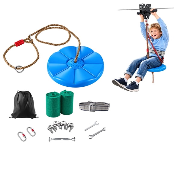 KFFKFF 60 ft Zipline Kit with 6 mm Steel Cable, Backyard Zipline for Kids, Supports Up to 330 lb, Includes 6.9 ft Spring Brake, Detachable Trolley & Swing Seat, Suitable for Ages 6-16