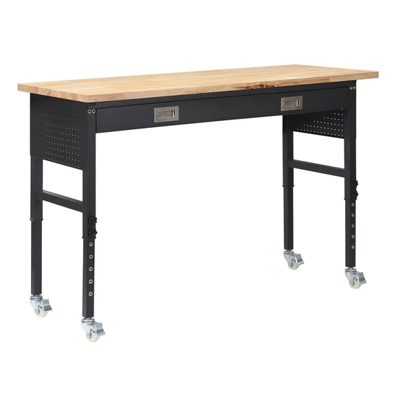 KFFKFF 60-inch Adjustable Workbench with Drawer, Power Outlet, Wheels, and Pegboard, Durable Oak Wood Top Work Table for Garage, Workshop, Office, and Home, Supports Up to 1500 lbs