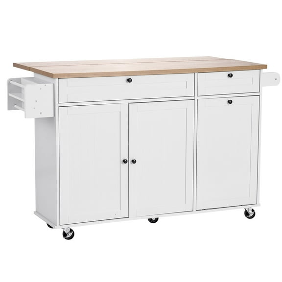 KFFKFF 60in Wide Mobile Kitchen Island Cart with Storage, Drop Leaf, 2 Drawers, Trash Bin Cabinet, Knife Holder, Spice Organizer, and Towel Bar, Ideal for Dining Room or Pantry