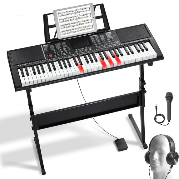 KFFKFF 61 Key Electric Piano Keyboard, Illuminated Keys, Portable with Stand, 600 Sounds, 500 Patterns, Built-In Speakers, Sustain Pedal, Headphones, Mic, USB MIDI - Ideal for Novices