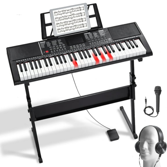 KFFKFF 61 Key Electric Piano Keyboard, Illuminated Keys, Portable with Stand, 600 Sounds, 500 Patterns, Built-In Speakers, Sustain Pedal, Headphones, Mic, USB MIDI - Ideal for Novices