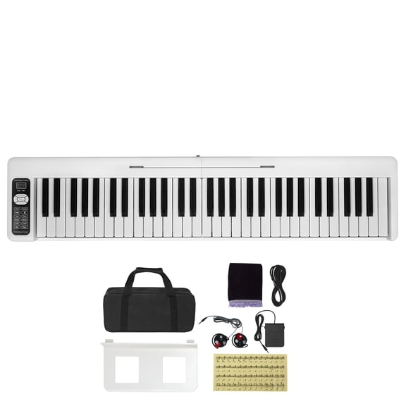 KFFKFF 61-Key Foldable Keyboard Piano, Bluetooth & MIDI Compatible, Portable Digital Piano with Touch-Sensitive Lighted Keys, Sustain Pedal, Carry Bag, Rechargeable for Beginners, and Adults, White