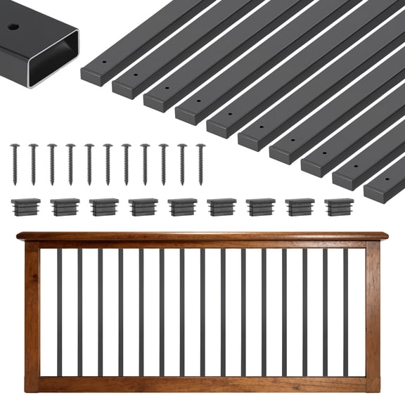 KFFKFF 61 Pack Deck Balusters, 32.28 in Galvanized Steel Railing Spindles, Hollow Rectangle Metal Stair Balusters with Pre-Drilled Holes, End Caps, Screws, Suitable for Deck, Porch, Black