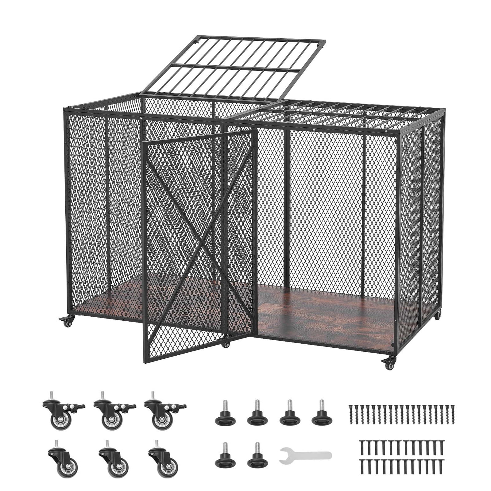 KFFKFF 64-Inch Heavy-Duty Dog Crate, 300 lbs Capacity, Durable Escape-Resistant Kennel for Large Anxious Dogs, Steel Pet Cage with Dual Doors & Lockable Wheels
