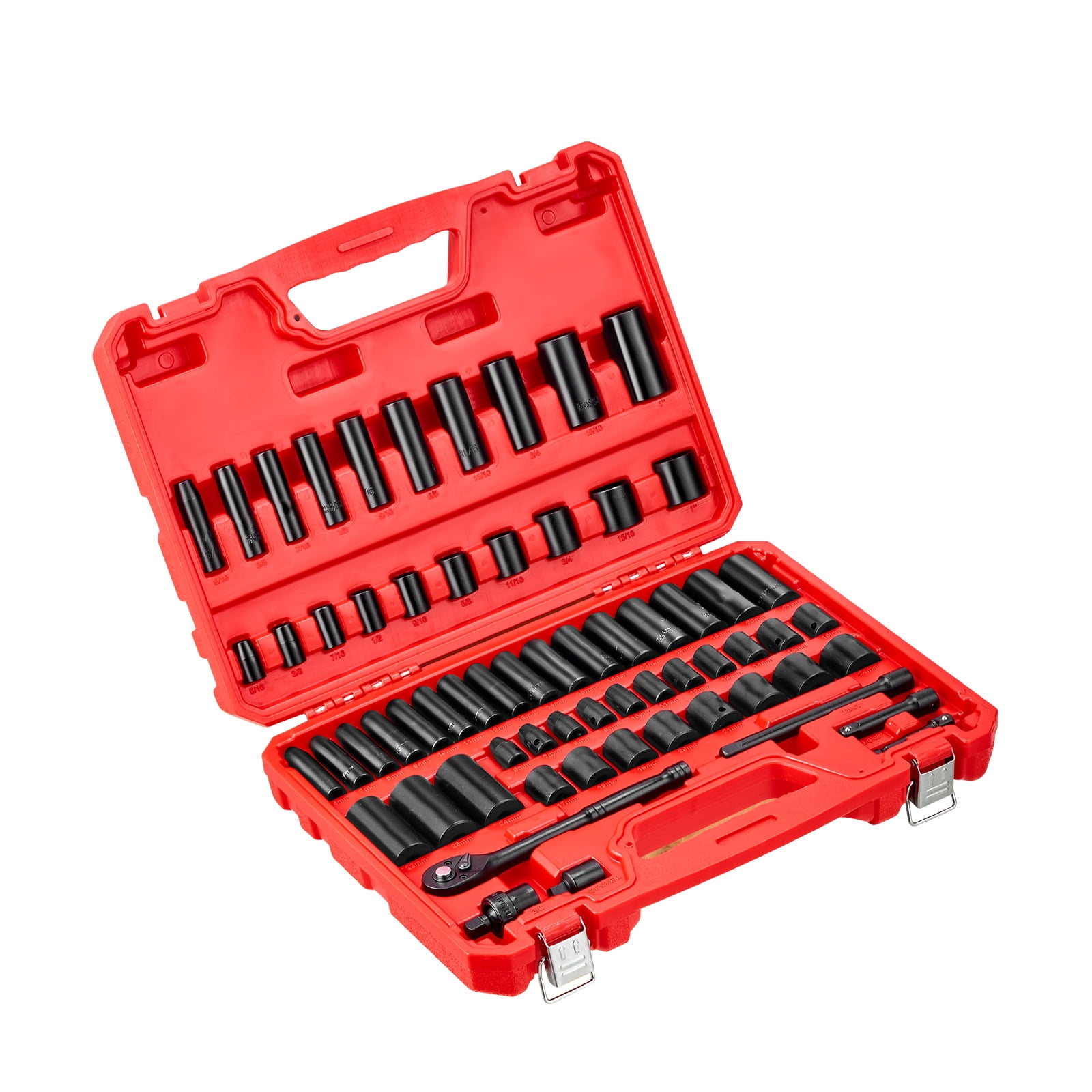 KFFKFF 64-Piece 3/8 Inch Drive Impact Socket Set, 6-Point Deep & Shallow Sockets, SAE (5/16 Inch to 1 Inch) and Metric (6 to 24 mm) Sizes, Includes 3-Inch & 6-Inch Extension Bars, Cr-V Steel