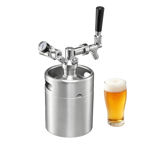 KFFKFF 64oz Mini Keg with Pressurized Tap System, 304 Stainless Steel Beer Dispenser Kit, Includes CO2 Regulator and Self-Closing Faucet, Maintains Freshness and Carbonation for Homebrew, Craft
