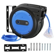 KFFKFF 65 FT Retractable Power Cord Reel, Durable 12AWG/3C SJTOW Cable with Illuminated Triple Outlet, 15 Amp Breaker, 180  Pivot Bracket for Wall or Ceiling Installation